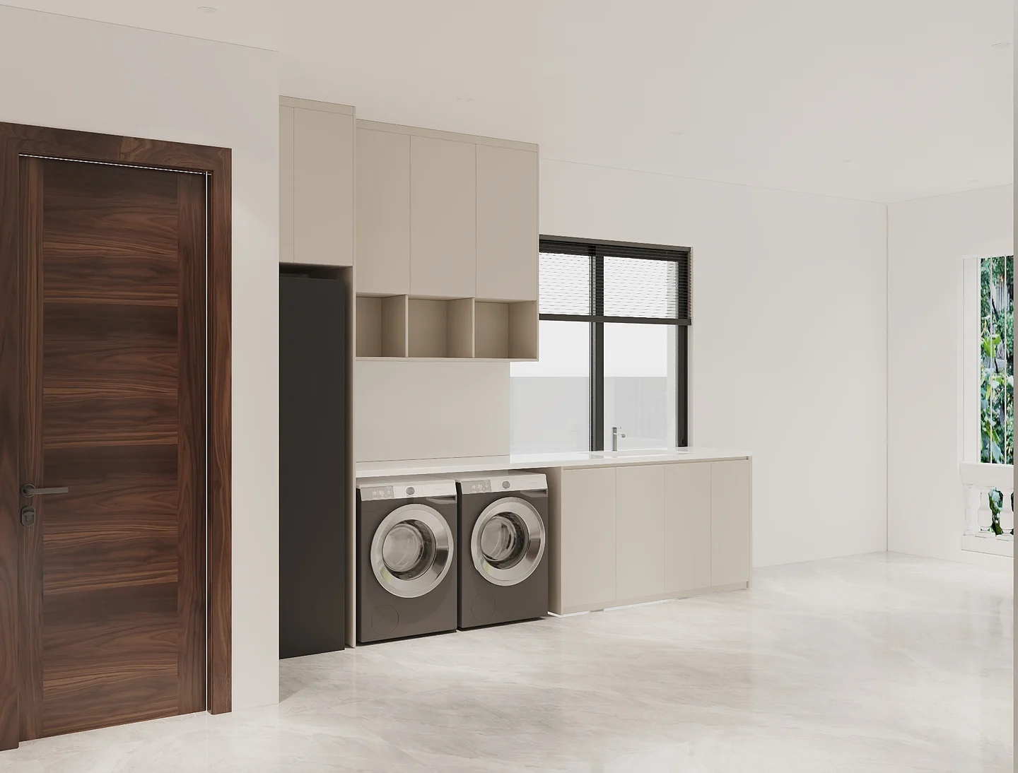 Phối cảnh 3D cụm máy giặt sấy âm quầy và tủ kho kịch trần sảnh tầng 4