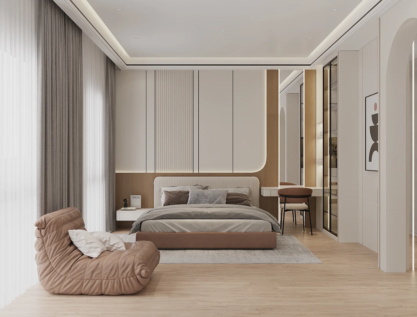 Phối cảnh 3D phòng ngủ phía sau tầng 3 với ghế lười thư giãn và lối mở vòm sang khu tủ áo riêng
