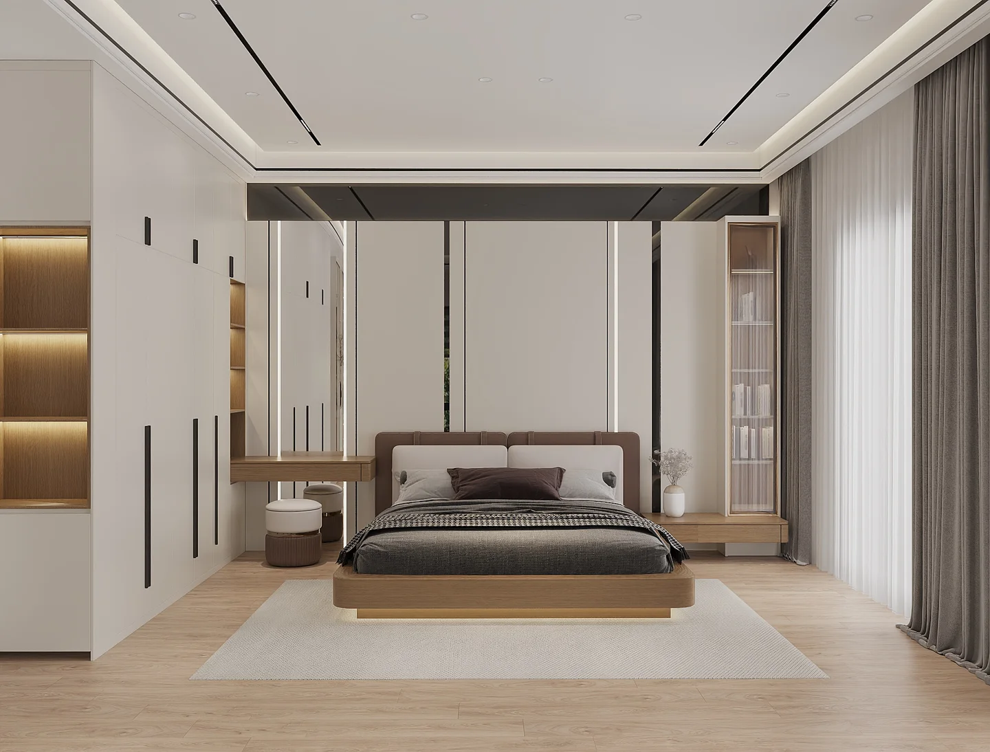 Phối cảnh 3D phòng ngủ phía trước tầng 3 với bàn học dài bên cửa sổ và tủ áo hai lớp
