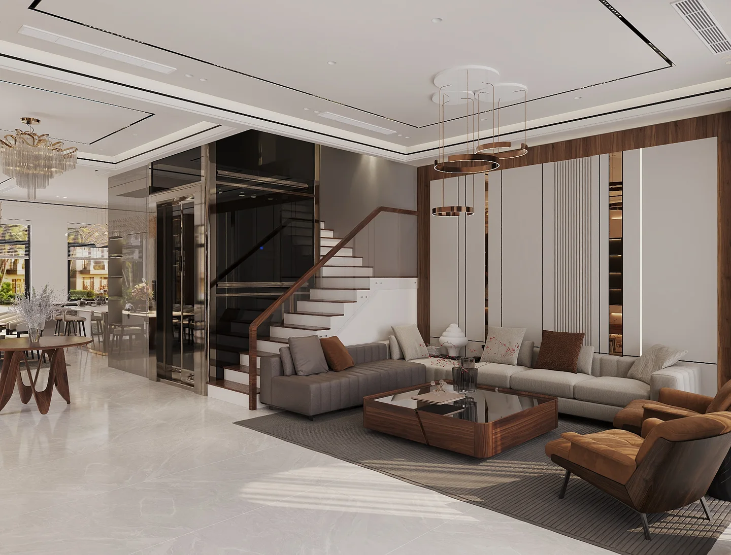 Phối cảnh 3D phòng khách nhà chị Hiền với tông màu sáng và điểm nhấn vân gỗ