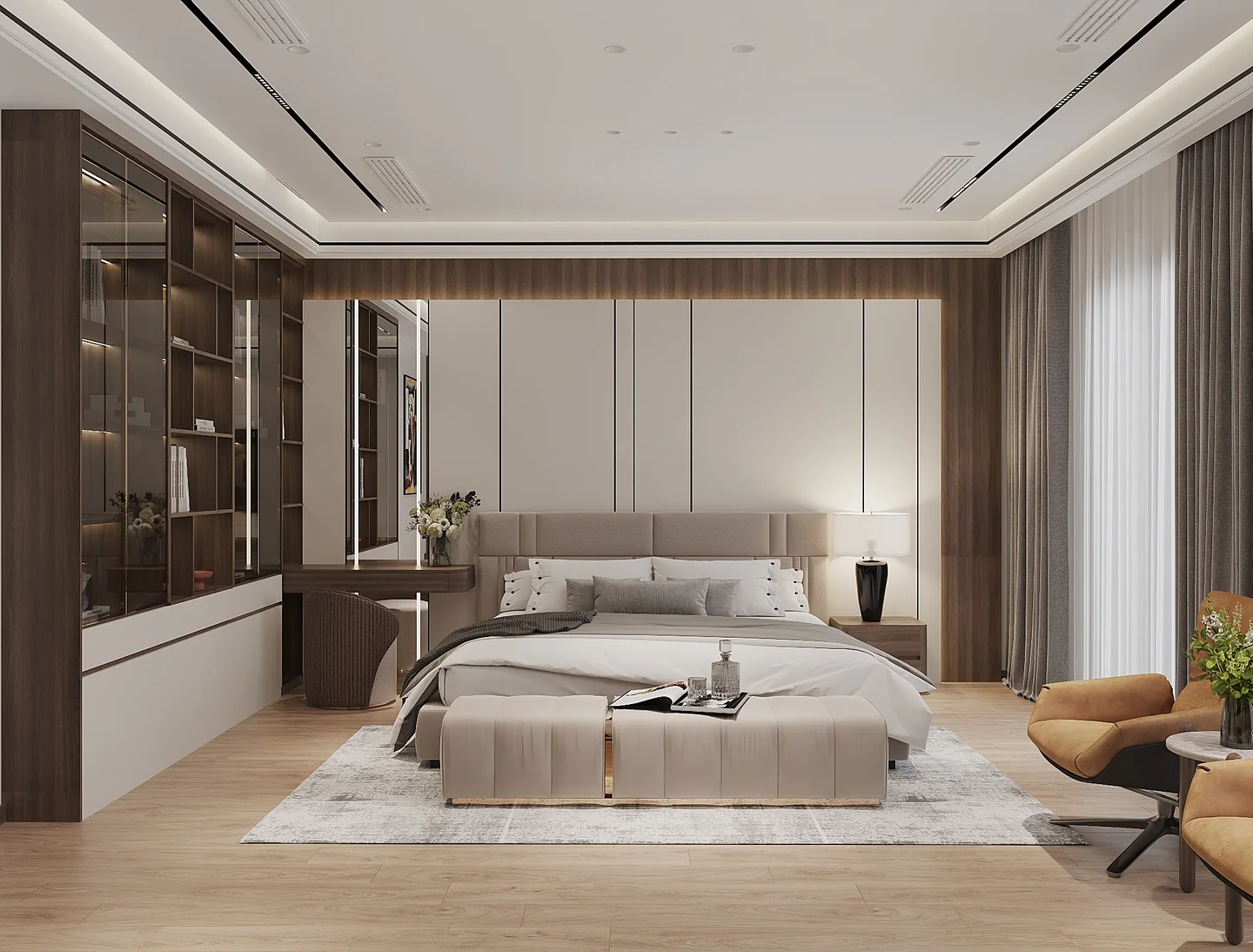 Phối cảnh 3D phòng ngủ master tầng 2 với giường ngủ trung tâm và góc ngồi thư giãn bên rèm kịch trần