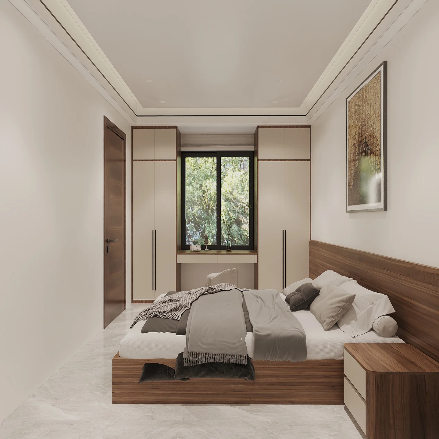 Phối cảnh 3D phòng ngủ tầng 4 với tủ hai bên cửa sổ, bàn nhỏ ở giữa và giường bên cạnh