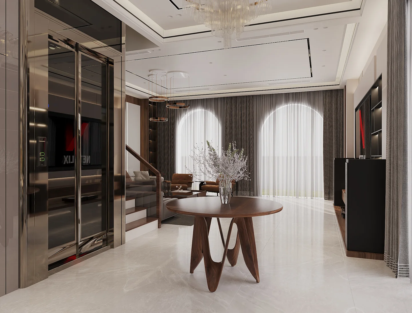 Phối cảnh 3D sảnh đệm tầng 1 với bàn tròn decor và hệ tủ trang trí cánh kính kịch trần