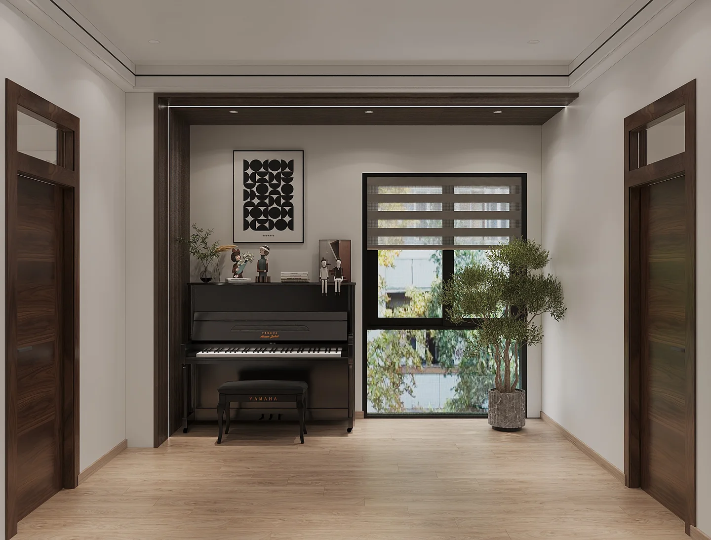 Phối cảnh 3D phòng sinh hoạt chung tầng 3 với cây đàn piano màu đen đón sáng cạnh sảnh thang máy