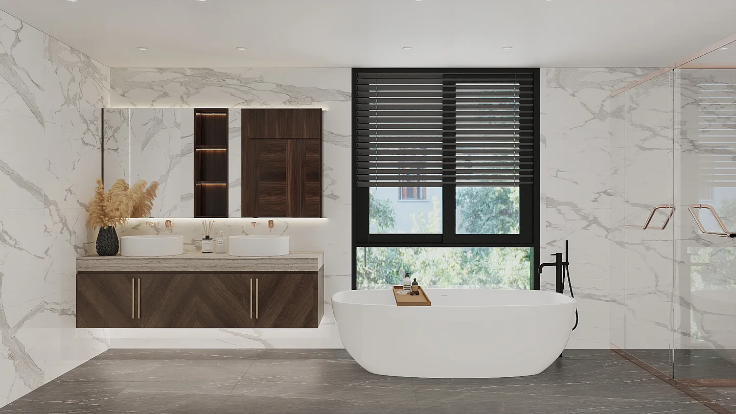 Phối cảnh 3D phòng vệ sinh master tầng 2 với bàn lavabo đôi, bồn tắm nằm và khoang tắm đứng